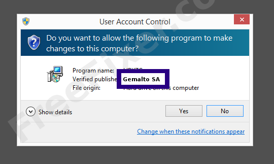 Screenshot where Gemalto SA appears as the verified publisher in the UAC dialog